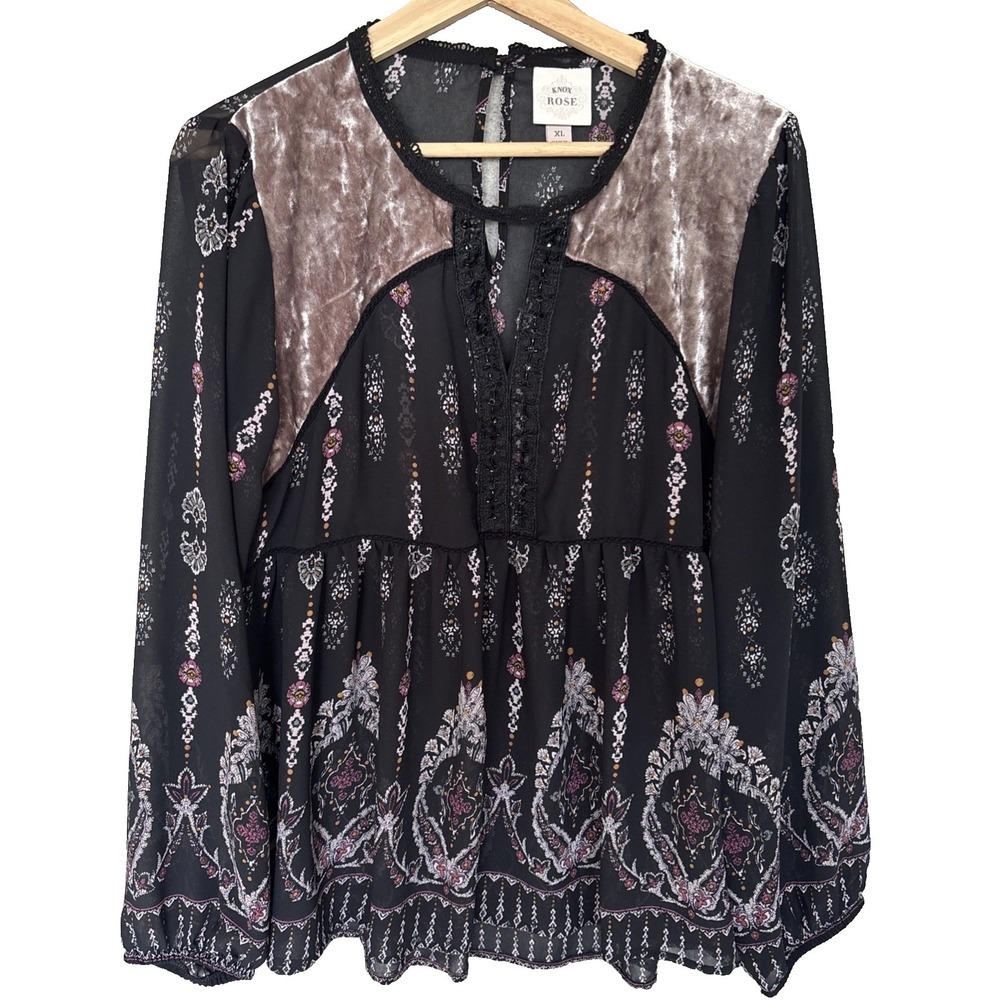 Knox Rose Top Women Black Sheer Keyhole Neck Long Sleeve Beaded Goth Boho XL